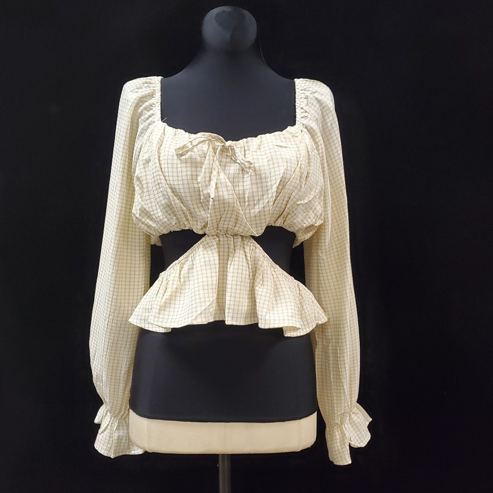 Peach Love Puff Sleeve Milkmaid Top Size S Cutout Picnic Plaid Country Ren Faire - Picture 2 of 10